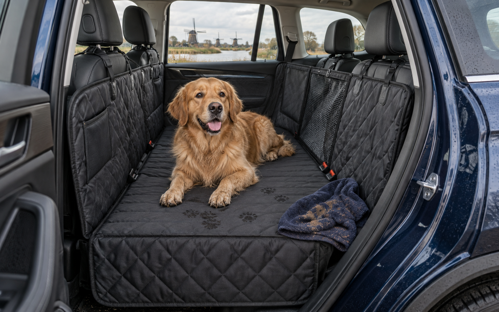 Hond op een stevige achterbankbeschermer met harde bodem
