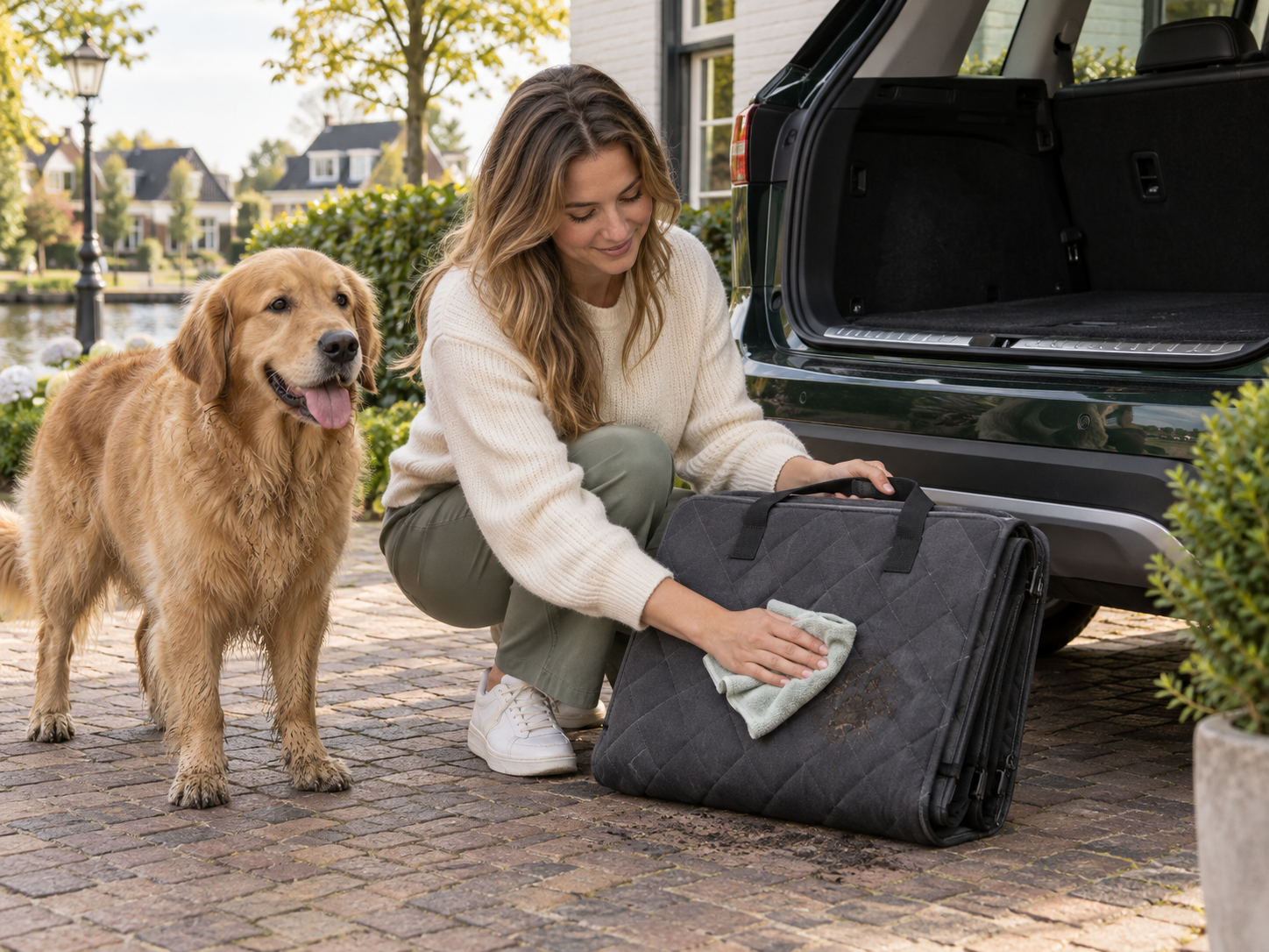 Opgevouwen autodeken die wordt schoongemaakt naast een hond